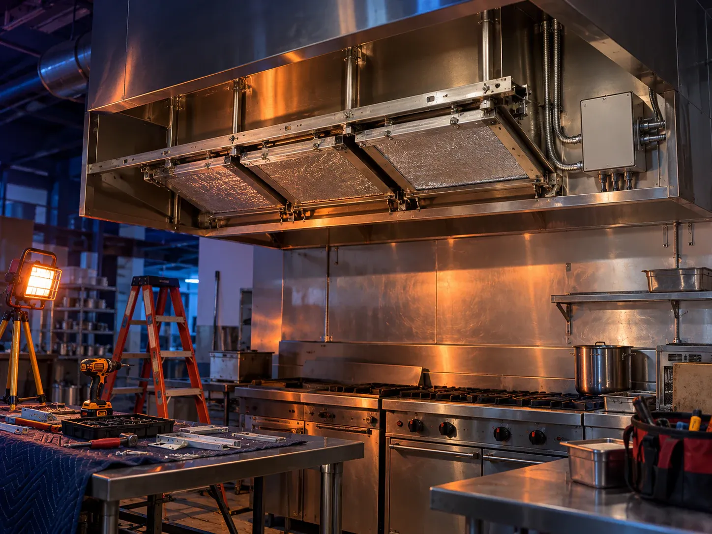 AI-generated sample of a representative commercial-kitchen heat-recovery installation; a real cafe-build photo is preferred.