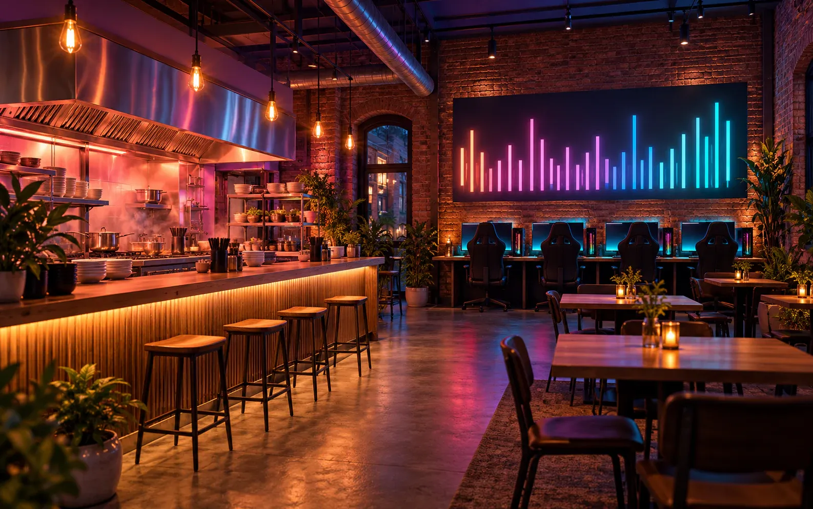 Concept rendering of the Heat Exchange Cafe & Noodle Bar: an open kitchen, a row of gaming stations and a large energy display facing the tables.