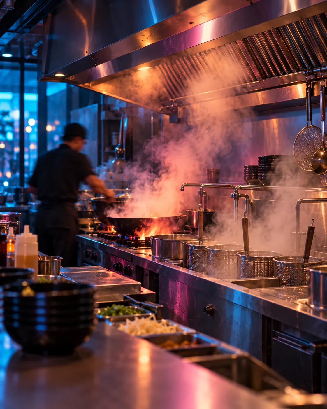 Steam and heat rising off a busy noodle-bar cooking line into a stainless exhaust hood.