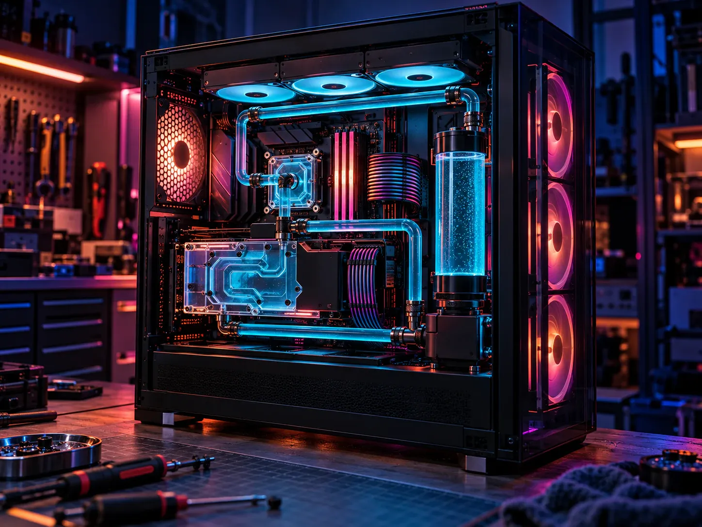 AI-generated sample of a generic liquid-cooled custom PC; a real photo of one of Chris's builds is preferred.