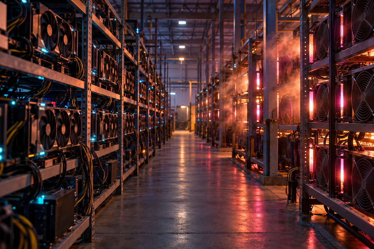 Rows of mining rigs and GPU servers pushing out continuous heat.