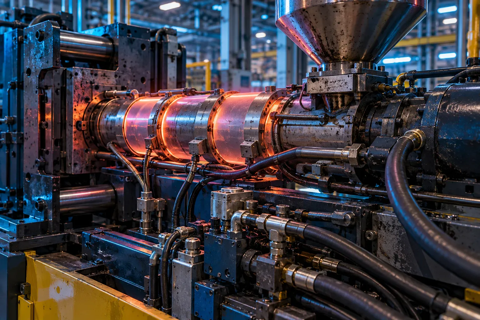 The heated barrel and hydraulics of an injection-molding machine on a factory floor.