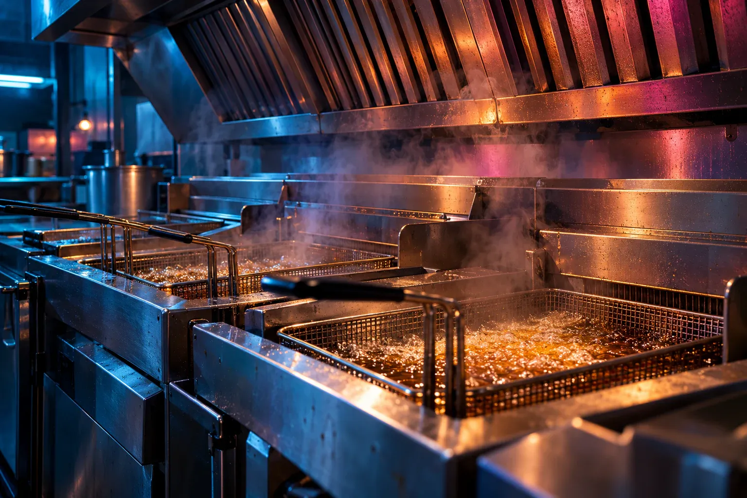 A bank of commercial deep fryers venting heat into a kitchen exhaust hood.